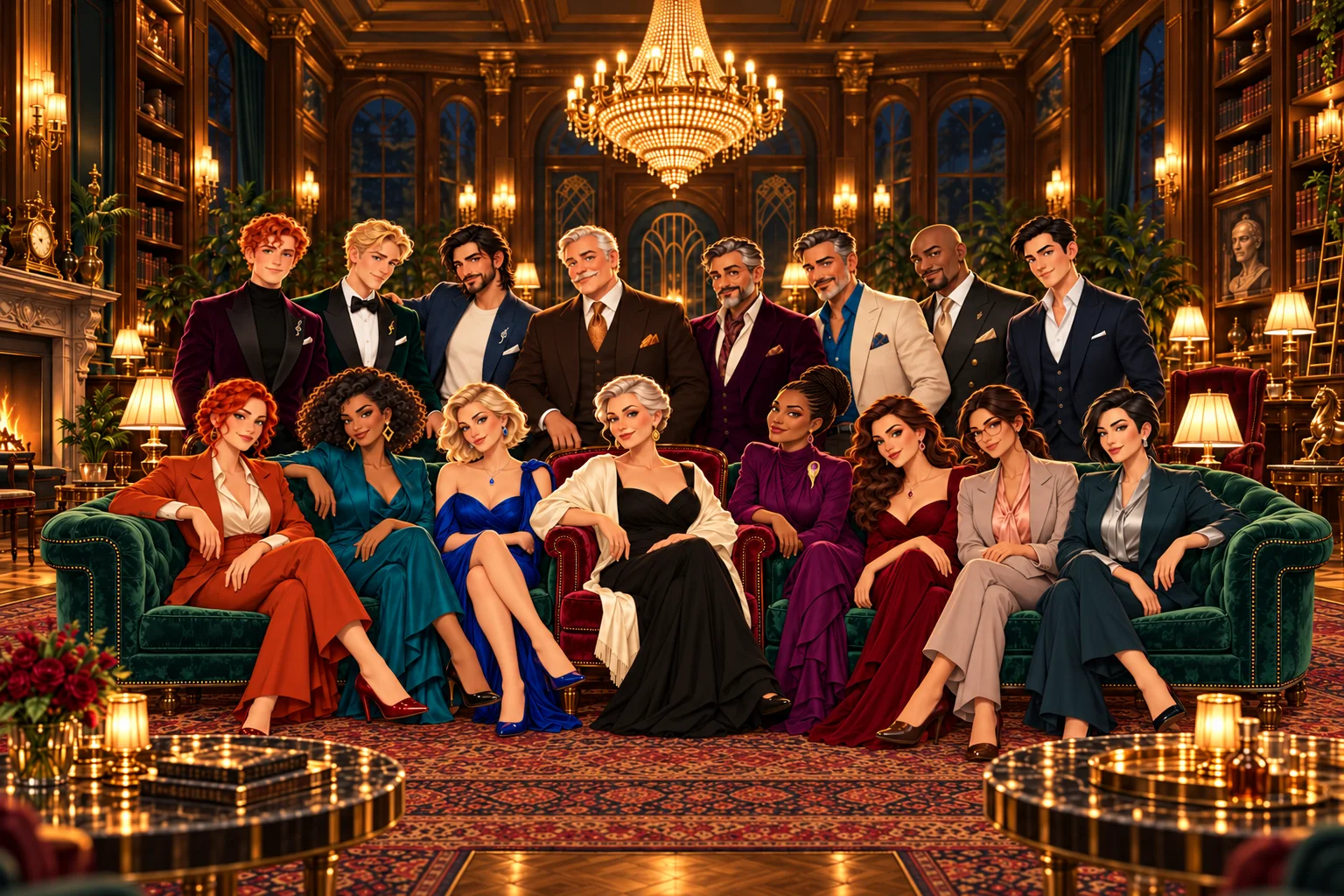 The sixteen founders of The Stillwater Club gathered in the club's candlelit library salon